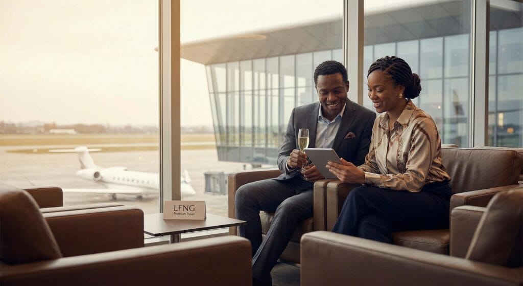 Travelers in a premium airport lounge